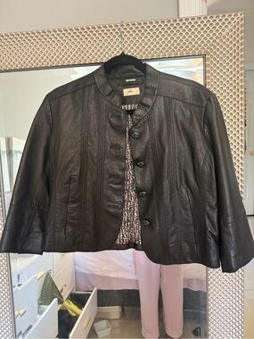 JUNE Black Leather Cropped Button-Front Jacket